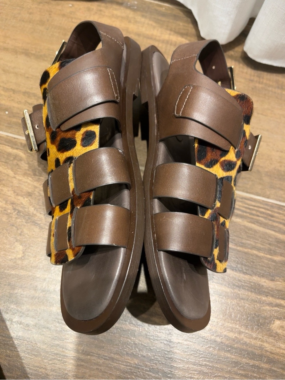 Vicenza Leopard Calf Hair Leather Fisherman Sandals Brown Gold Buckle Sz 10 - Picture 6 of 9